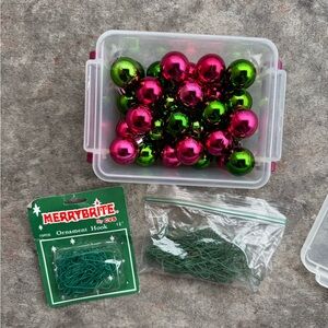 Vintage Pink and Green Merry Brite Ornament Hooks and Ball Ornaments Set